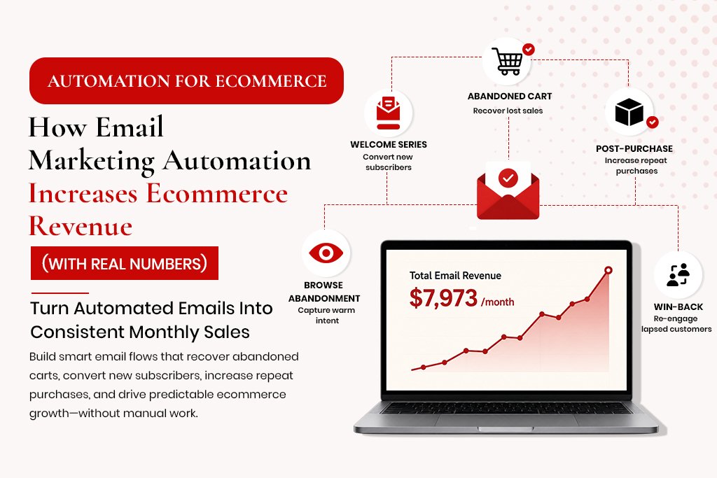 An infographic illustrating how email marketing automation for ecommerce recovers abandoned carts, converts new subscribers, and drives monthly revenue.
