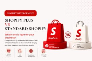 A comparison infographic titled "Artboard 11.jpg" contrasting Shopify Plus and Standard Shopify, highlighting key differences like custom checkout, B2B features, multi-store management, and automation for business growth.