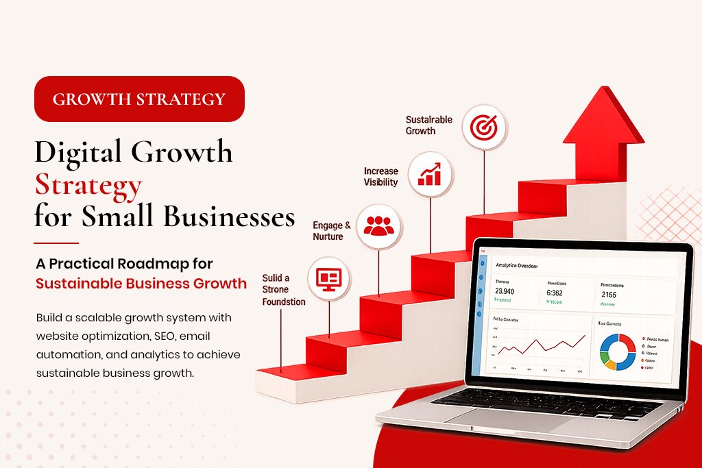 Infographic showing a digital growth strategy for small businesses, featuring a staircase with steps for building a strong foundation, engaging and nurturing customers, increasing visibility, and achieving sustainable growth, with a laptop displaying analytics.