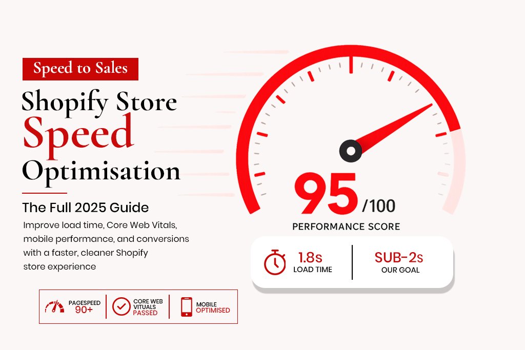 Shopify store speed optimization blog banner featuring a performance speedometer graphic showing a 95 out of 100 score and a 1.8-second load time.