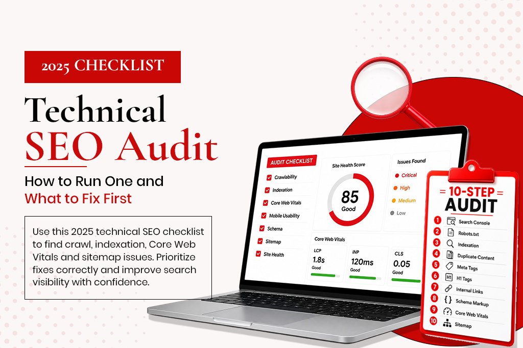 Technical SEO audit blog banner featuring a laptop showing a site health score dashboard next to a 10-step audit clipboard checklist and a magnifying glass.