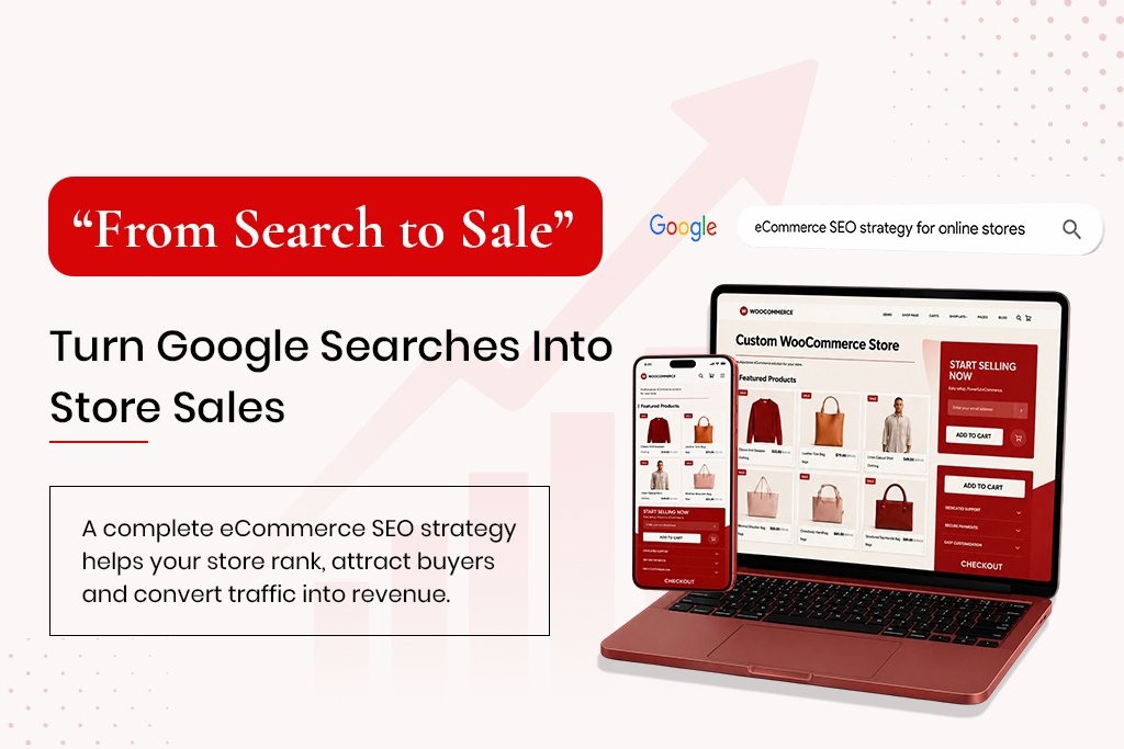An eCommerce SEO strategy graphic showing a laptop and mobile displaying a WooCommerce store with a Google search bar.