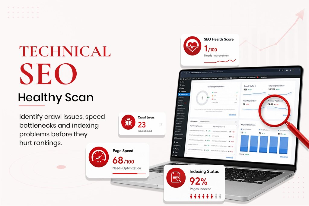 Technical SEO health scan dashboard on a laptop showing metrics for crawl errors, page speed, and indexing status.